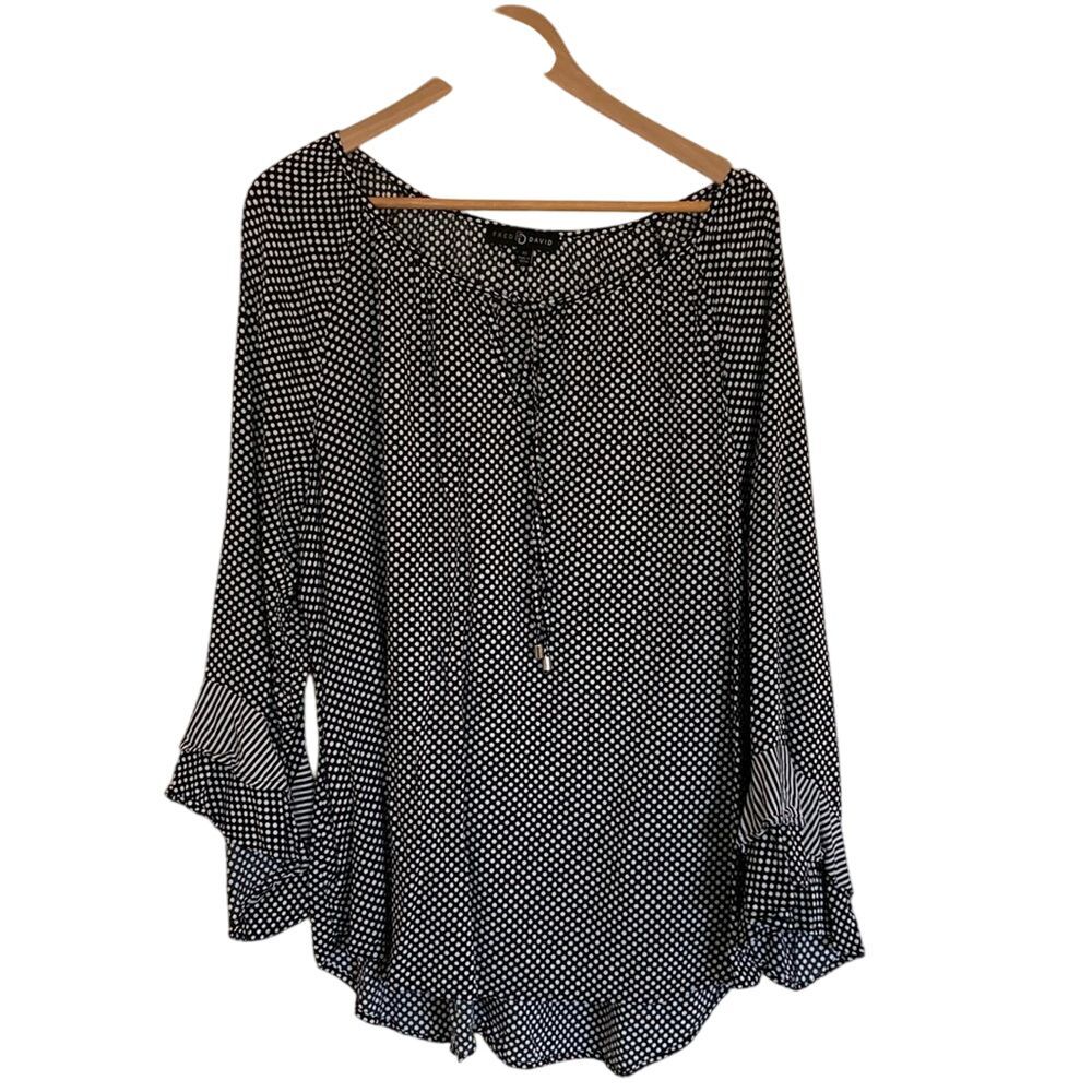 Fred David Womens Popover Polk Dot Blouse Size 2X Black White 3/4 Sleeve Classic